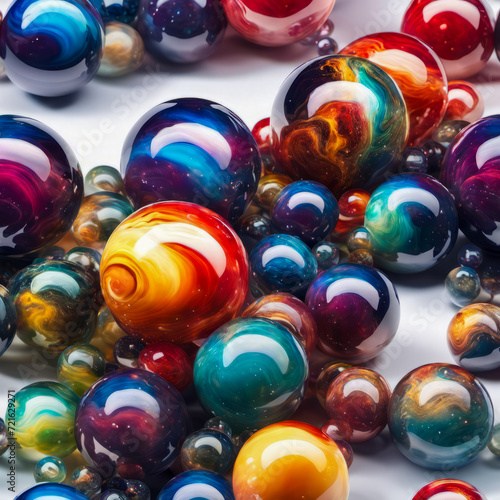 Exoplanet marbles, a vibrant tapestry of cosmic hues, on a mirrored stage. 