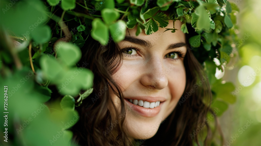 Beautiful woman in clover wreath, happy and smiling woman, banner for st. Patrick's day Beautiful woman in clover wreath, happy and smiling woman, banner for st. Patrick's day