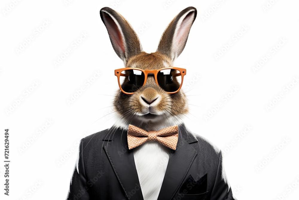Cool Easter bunny in a suit with sunglasses and a bow tie on white background.