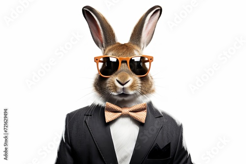 Cool Easter bunny in a suit with sunglasses and a bow tie on white background.