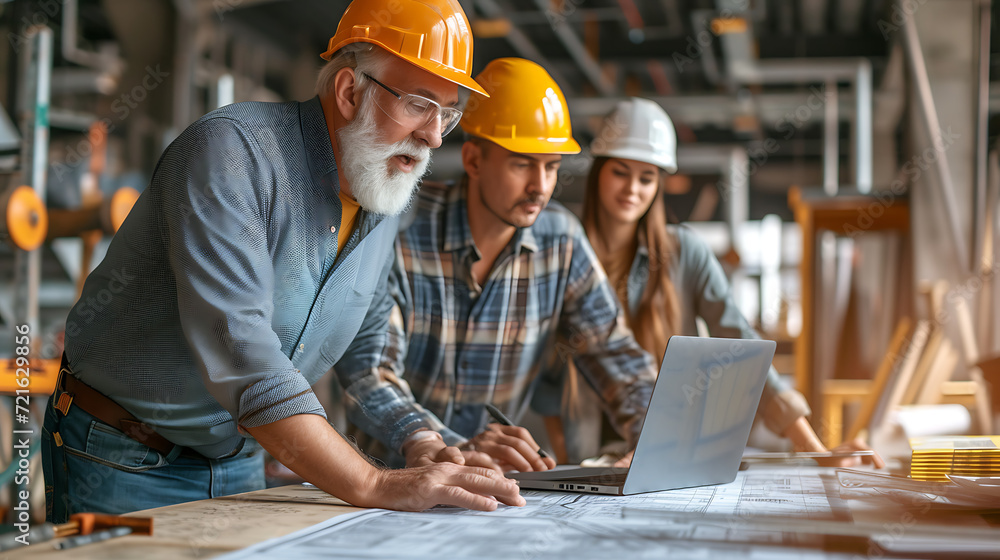 Photograph of a construction manager meeting with team at new factory with a laptop Photograph of a construction manager meeting with team at new factory with a laptop