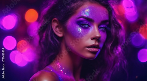 portrait of a woman with creative make up, pretty young woman UV Neon Pigment Makeup Fluorescent colors, dark background, UV makeup