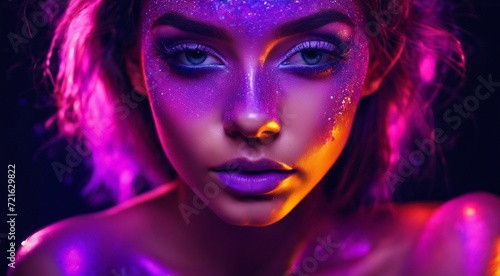 portrait of a woman with creative make up, pretty young woman UV Neon Pigment Makeup Fluorescent colors, dark background, UV makeup