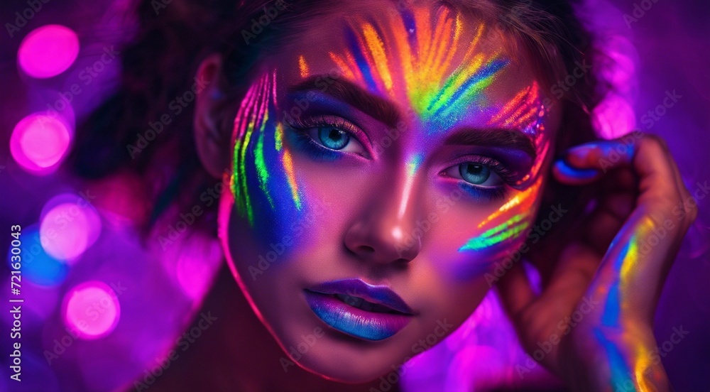 portrait of a woman with creative make up, pretty young woman UV Neon Pigment Makeup Fluorescent colors, dark background, UV makeup