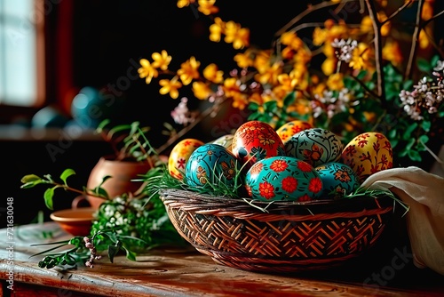 Hand-painted colourful Easter eggs in a wicker basket.
