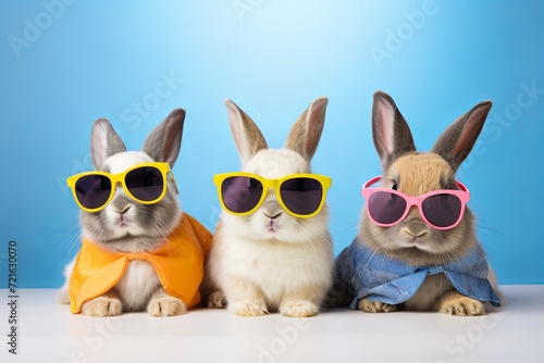 A group of cool Easter bunnies with sunglasses.