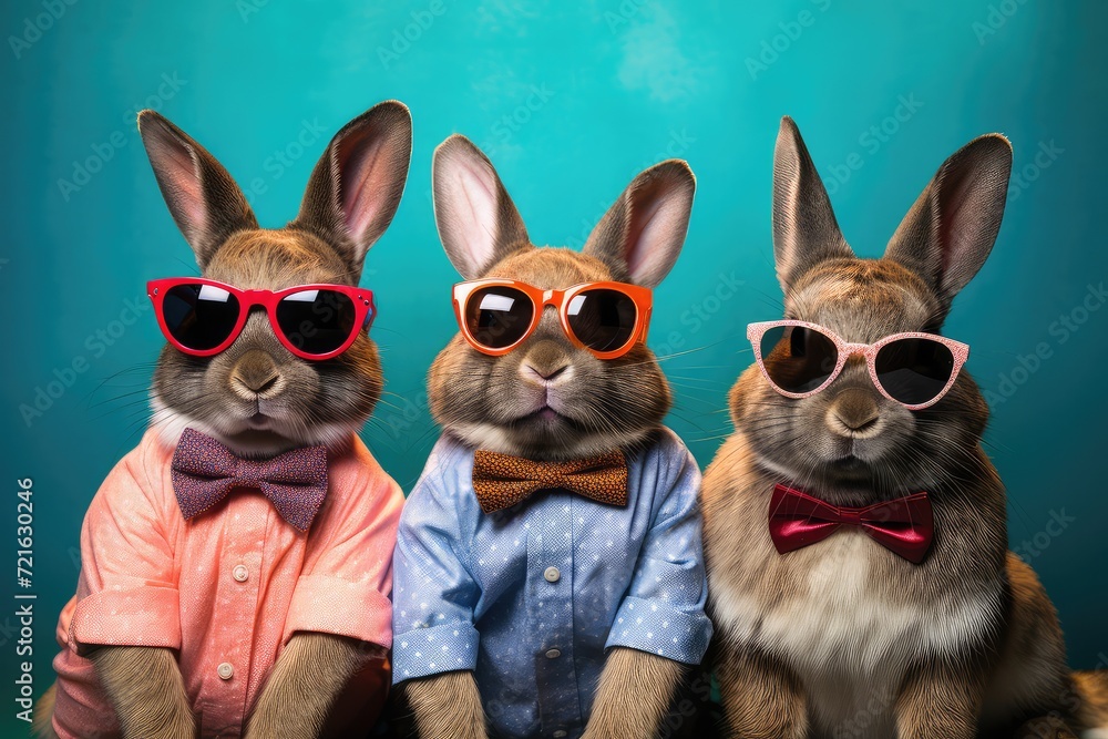 A group of cool Easter bunnies with sunglasses.