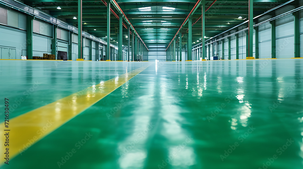 floor with self-levelling green & yellow epoxy resin in industrial warehouse floor with self-levelling green & yellow epoxy resin in industrial warehouse