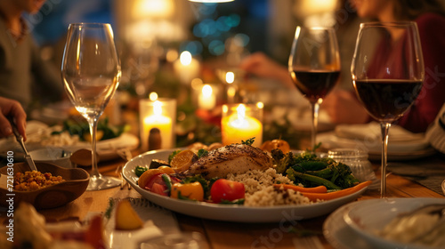 family dinner scene with a focus on a healthy homemade meal, including grilled chicken, steamed vegetables, and brown rice, served on a dining table with warm