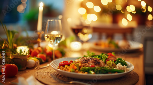 family dinner scene with a focus on a healthy homemade meal, including grilled chicken, steamed vegetables, and brown rice, served on a dining table with warm