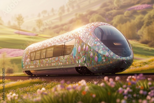 A sleek, modern train, adorned with a sophisticated Easter theme, blurred rolling, flower-filled meadows. The train's exterior is elegantly decorated with a mosaic of pastel-colored Easter eggs