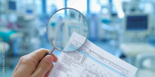 hand holding a magnifying glass over a medical bill, photorealistically focusing on the fine print and numbers, with a blurred background of medical equipment, in a clinical, bright setting photo