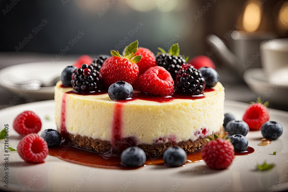 Satisfy your sweet cravings with a luscious cheesecake adorned with vibrant berries. A delightful dessert capturing the essence of indulgence. Satisfy your sweet cravings with a luscious cheesecake adorned with vibrant berries. A delightful dessert capturing the essence of indulgence.
