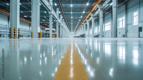 floor with self-levelling white epoxy resin in industrial warehouse