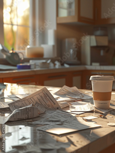 medical bills scattered on a kitchen counter, photorealistically detailed with various amounts and hospital names visible, a coffee cup spilling over one of the bills, morning sunlight streaming in