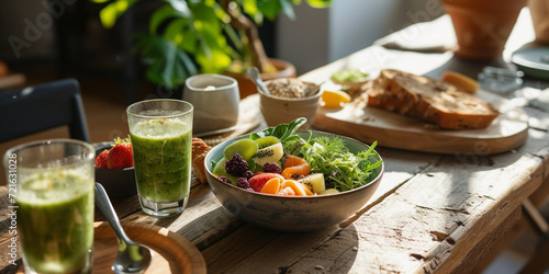 rustic wooden kitchen table set with a variety of healthy foods, including a bowl of mixed fruit, whole grain bread, and a glass of green smoothie, natural morning light casting soft shadows