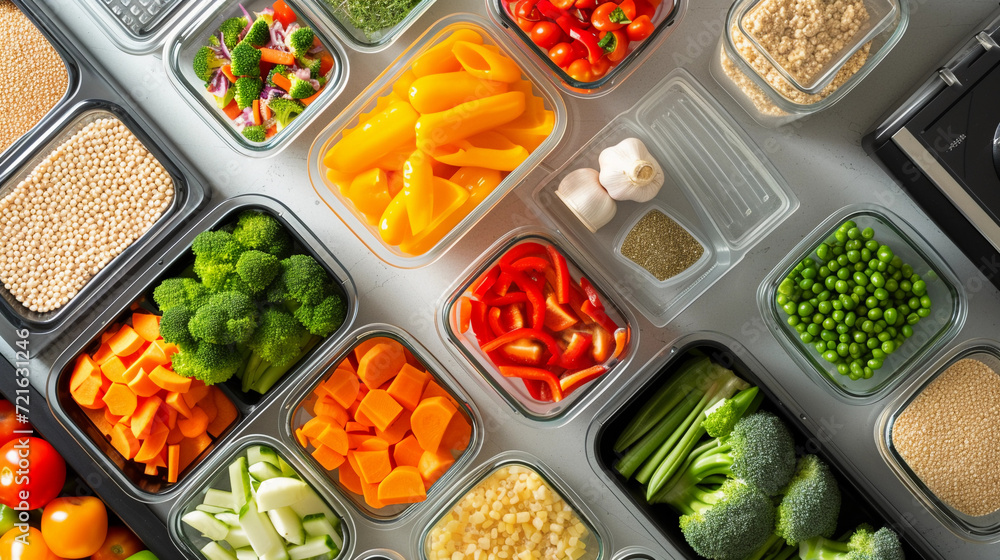meal prep process, with various containers filled with colorful vegetables, lean proteins, and whole grains, neatly arranged on a kitchen counter, emphasis on the organization and variety meal prep process, with various containers filled with colorful vegetables, lean proteins, and whole grains, neatly arranged on a kitchen counter, emphasis on the organization and variety