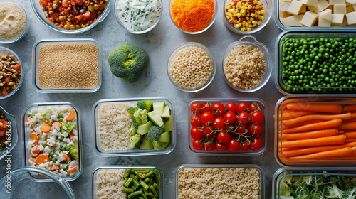 meal prep process, with various containers filled with colorful vegetables, lean proteins, and whole grains, neatly arranged on a kitchen counter, emphasis on the organization and variety