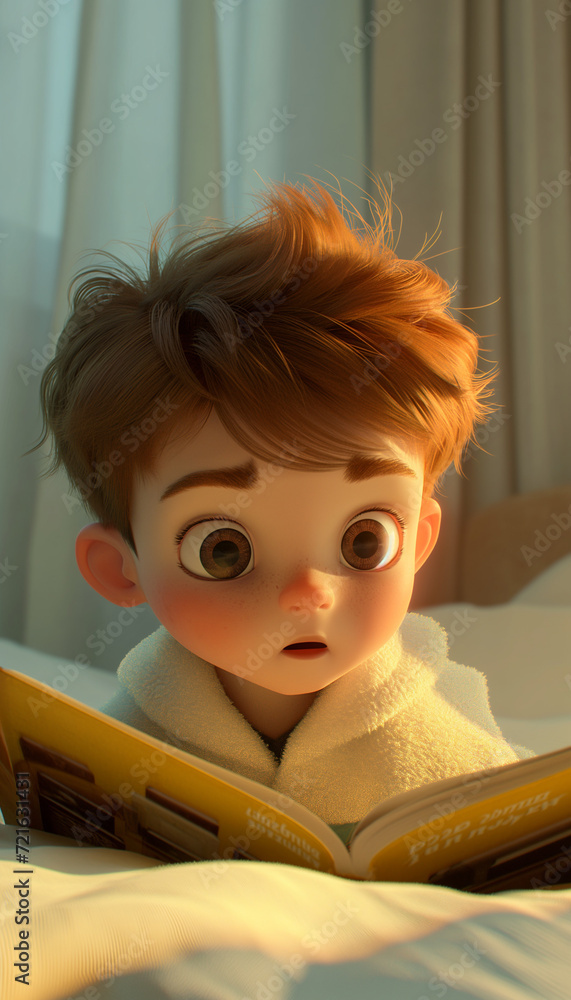 Little kid Jack likes reading storybooks everyday.close-up, Disney Toon Rendering 3D cartoon style , surrealism