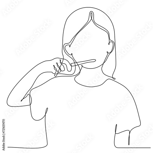 continuous line drawing of little boy brushing teeth
