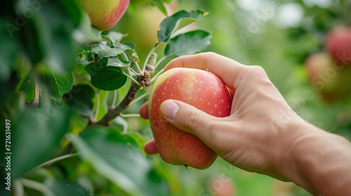 hand picking a ripe, juicy apple from a tree in an orchard, with focus on the details of the apple's skin and the natural surroundings, conveying the concept of farm-to-table freshness