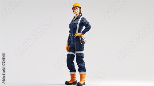 A woman with a blue boiler suit with safety equipment. Professional photography on a white background.