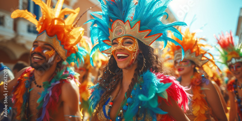 Brazilian masquerade. Carnival revelers in vibrant costumes and masks enjoying a sunny festive parade