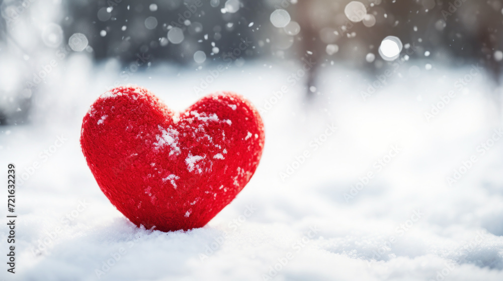 Red heart in winter snow background