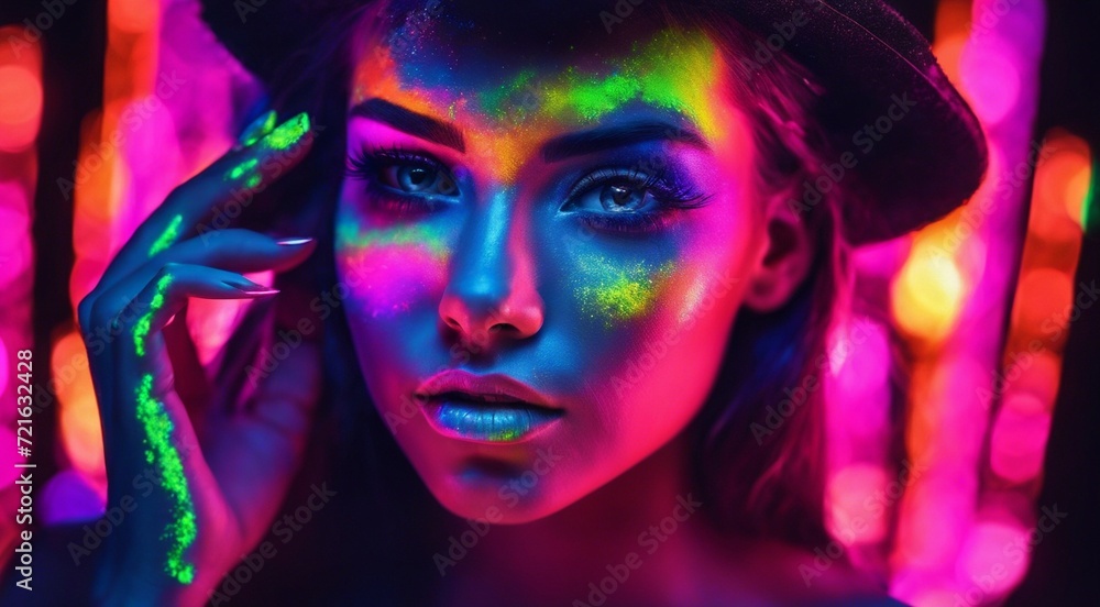 portrait of a woman with creative make up, pretty young woman UV Neon Pigment Makeup Fluorescent colors, dark background, UV makeup