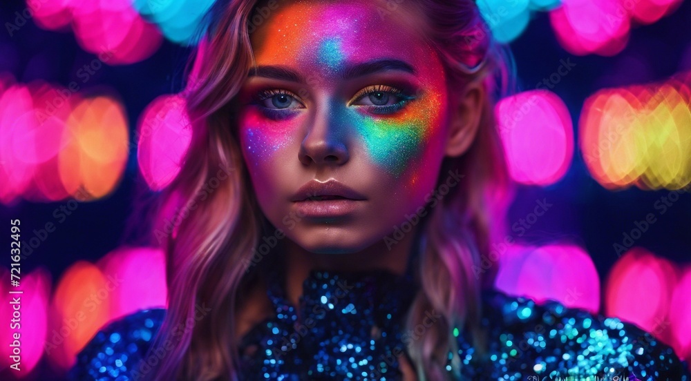 portrait of a woman with creative make up, pretty young woman UV Neon Pigment Makeup Fluorescent colors, dark background, UV makeup - obrazy, fototapety, plakaty 