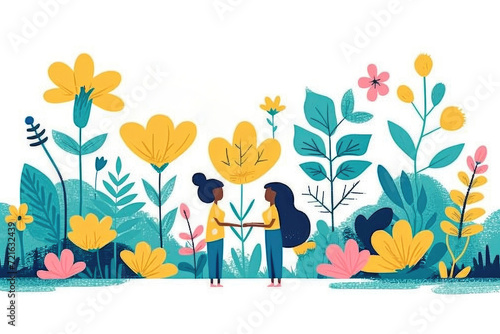Two girls hold hands among flowers. Illustration in flat style. Female friendship