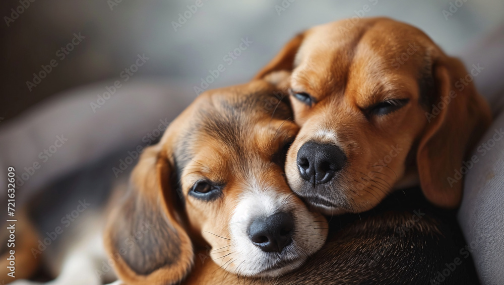 Two playful hounds snuggle together, their beagle and basset features blending into a warm, cozy heap of furry love
