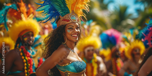 Brazilian and carnival and festival. Radiant samba dancer with feather headdress at a vibrant carnival parade