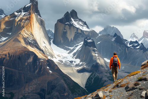 Man hiking on mountain of Torres Del Paine National Park, Patagonia, South America