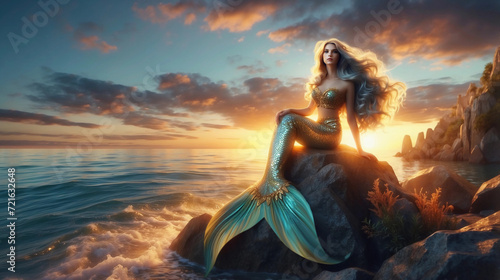 Golden Mermaid at Sunset with Iridescent Shiny Scales - Mythical Ocean Beauty 4K wallpaper
