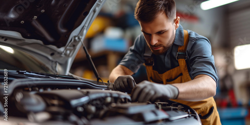 Worker repairing a car. Professional mechanic in uniform working under car hood in auto repair shop. Car service photo