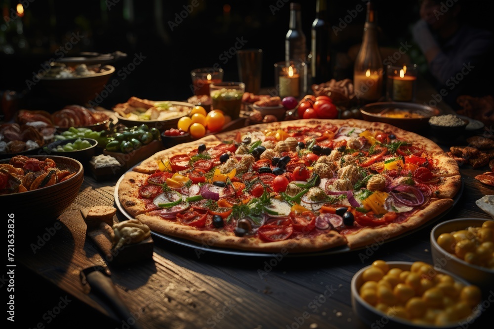 Pizza yeast flatbread, tomato sauce, cheese, herbs a traditional Italian dish stacked filling of tomato sauce, cheese ingredients such s meat, vegetables, mushrooms and other foods. pizzaiolo.