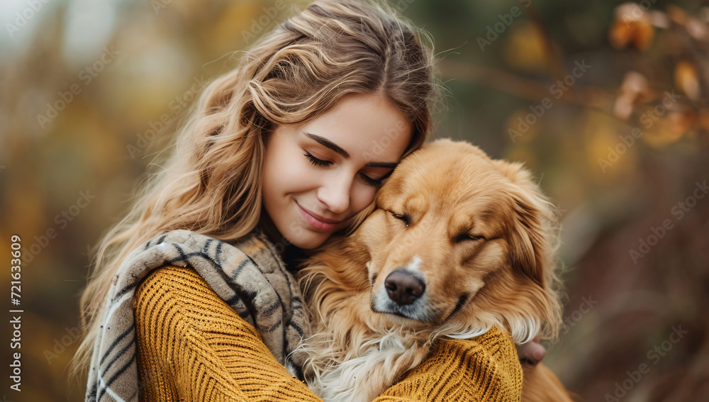 A heartwarming embrace between a girl and her loyal canine companion under the vibrant autumn trees