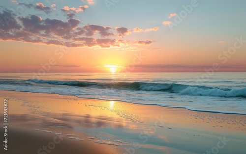Beautiful sunset on the beach. Colorful summer sunrise over the sea