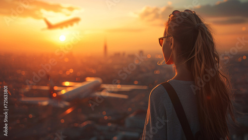 As the sun sets behind the city, a girl gazes at an airplane in the distance, her face illuminated by the warm backlighting of the sky