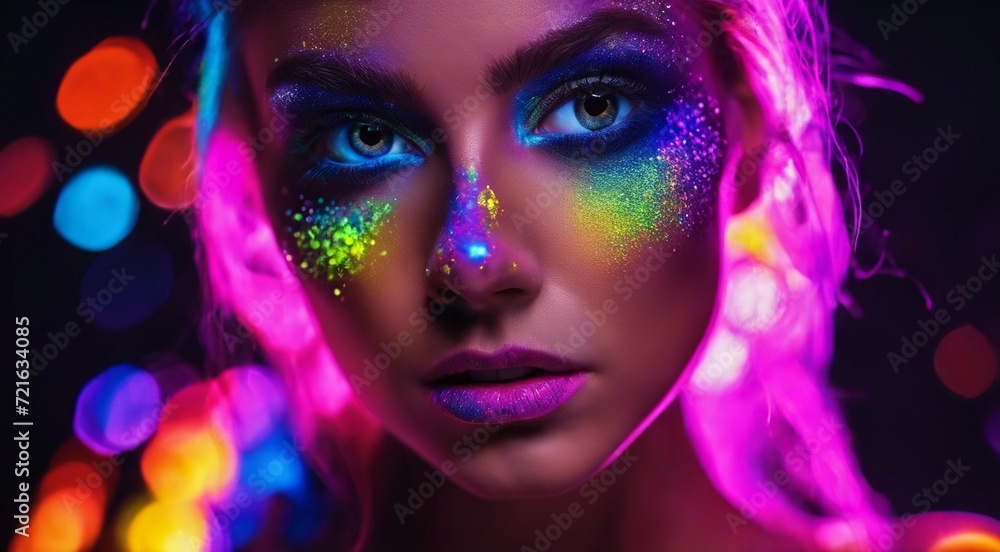 portrait of a woman with creative make up, pretty young woman UV Neon Pigment Makeup Fluorescent colors, dark background, UV makeup