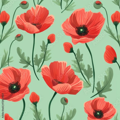  Hand-drawn style delicate abstract poppy flower illustration pattern in front of green background, elegant natural retro design