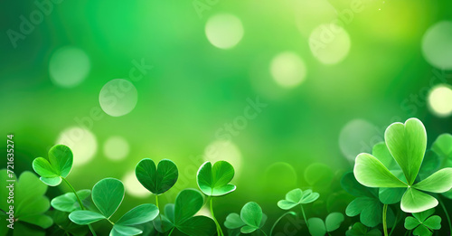 Lucky Irish four-leaf Clover on green bokeh background. St. Patrick's Day banner with copy space.Holiday concept of spring.Generative AI