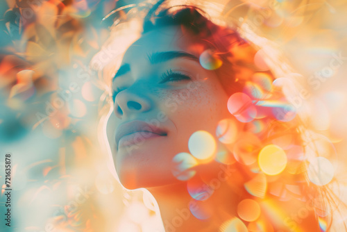 Positive and colorful portrait of a young woman, smile in spring or summer, natural lifestyle, double exposure photo