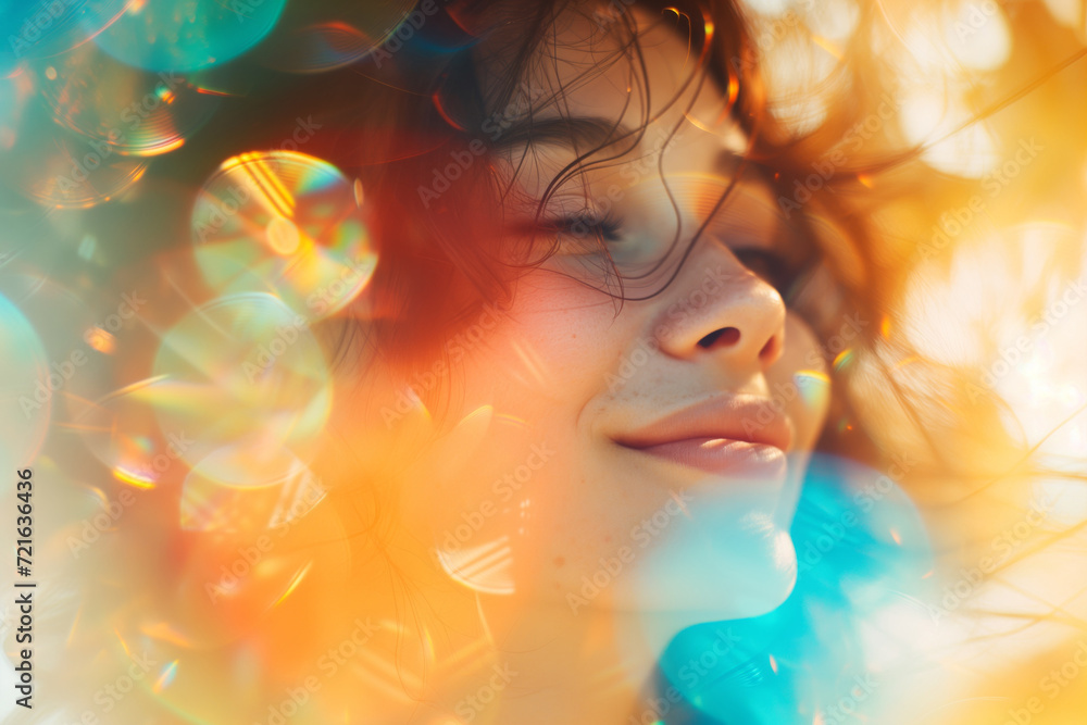 Positive and colorful portrait of a young woman, smile in spring or summer, natural lifestyle, double exposure photo