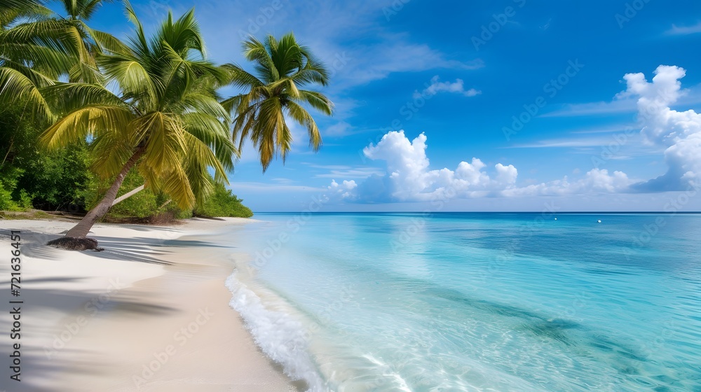 a serene beach with crystal clear blue water, white sandy shores, and palm trees swaying in the gentle breeze