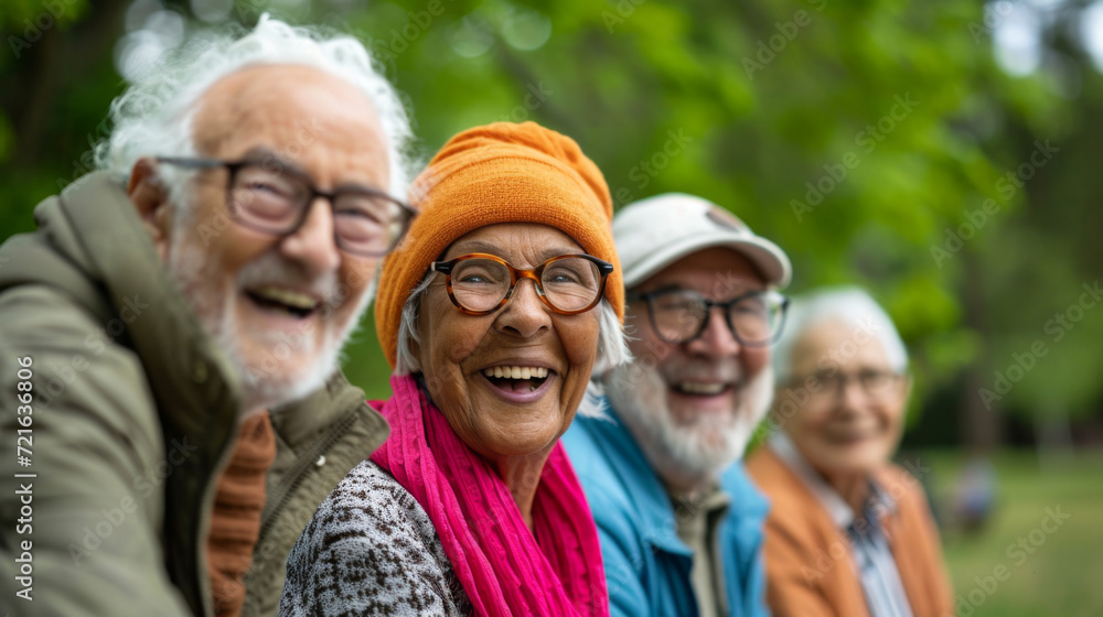 Elderly Group Enjoying Laughter Yoga in Park, Wide photograph of an elderly group in a park, each person with a happy expression, actively engaged in a laughter yoga session, highlighting the joy and Elderly Group Enjoying Laughter Yoga in Park, Wide photograph of an elderly group in a park, each person with a happy expression, actively engaged in a laughter yoga session, highlighting the joy and