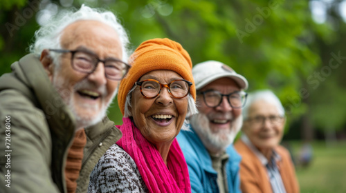 Elderly Group Enjoying Laughter Yoga in Park, Wide photograph of an elderly group in a park, each person with a happy expression, actively engaged in a laughter yoga session, highlighting the joy and 