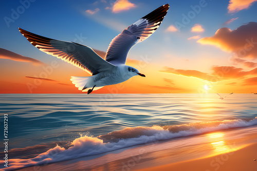 seagull flying in the sky by the sunset beach in the evening Generative AI