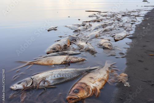 A distressing scene along a tranquil waterside, featuring numerous dead fish scattered across the wet shoreline.